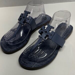 Tory Burch Moore Flats Logo Thong Sandal Shoes Open Toe Leather Blue Size 10